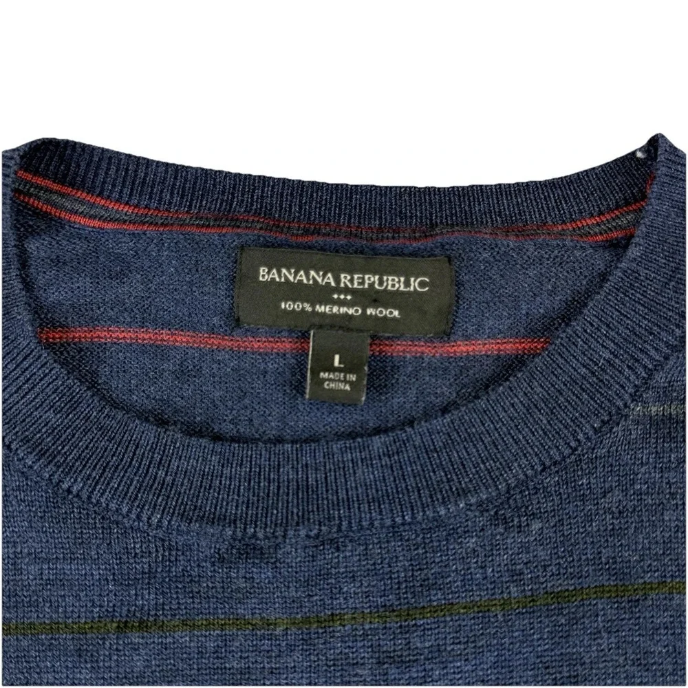Banana Republic 100% Merino Wool Crew Neck Sweater Blue Striped Mens Large